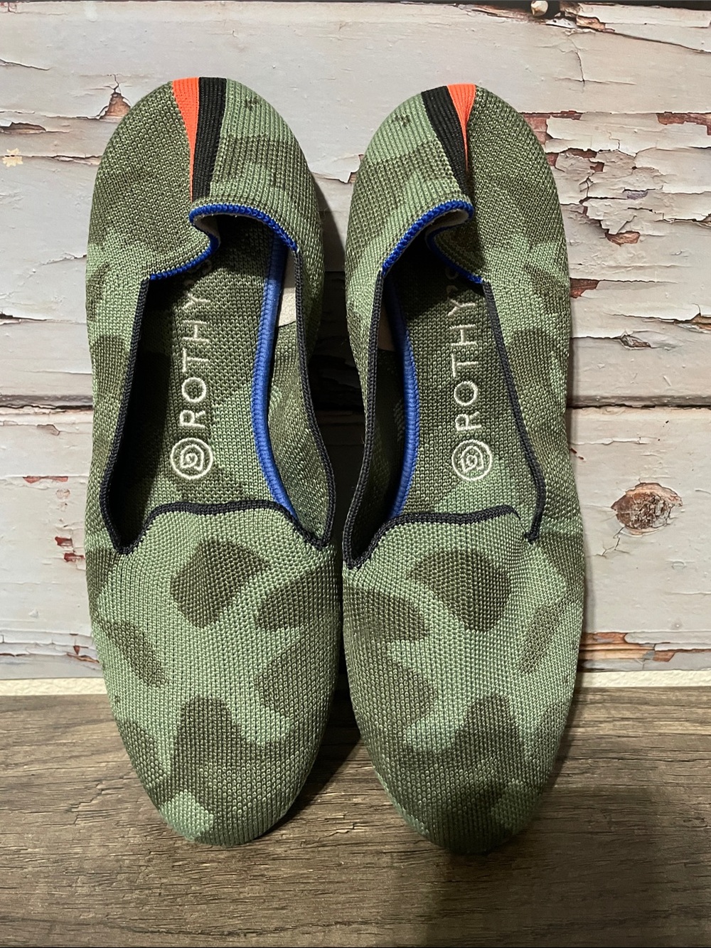Rothy's  Olive Camo Slip-On round toewith Orange & Blue Accents